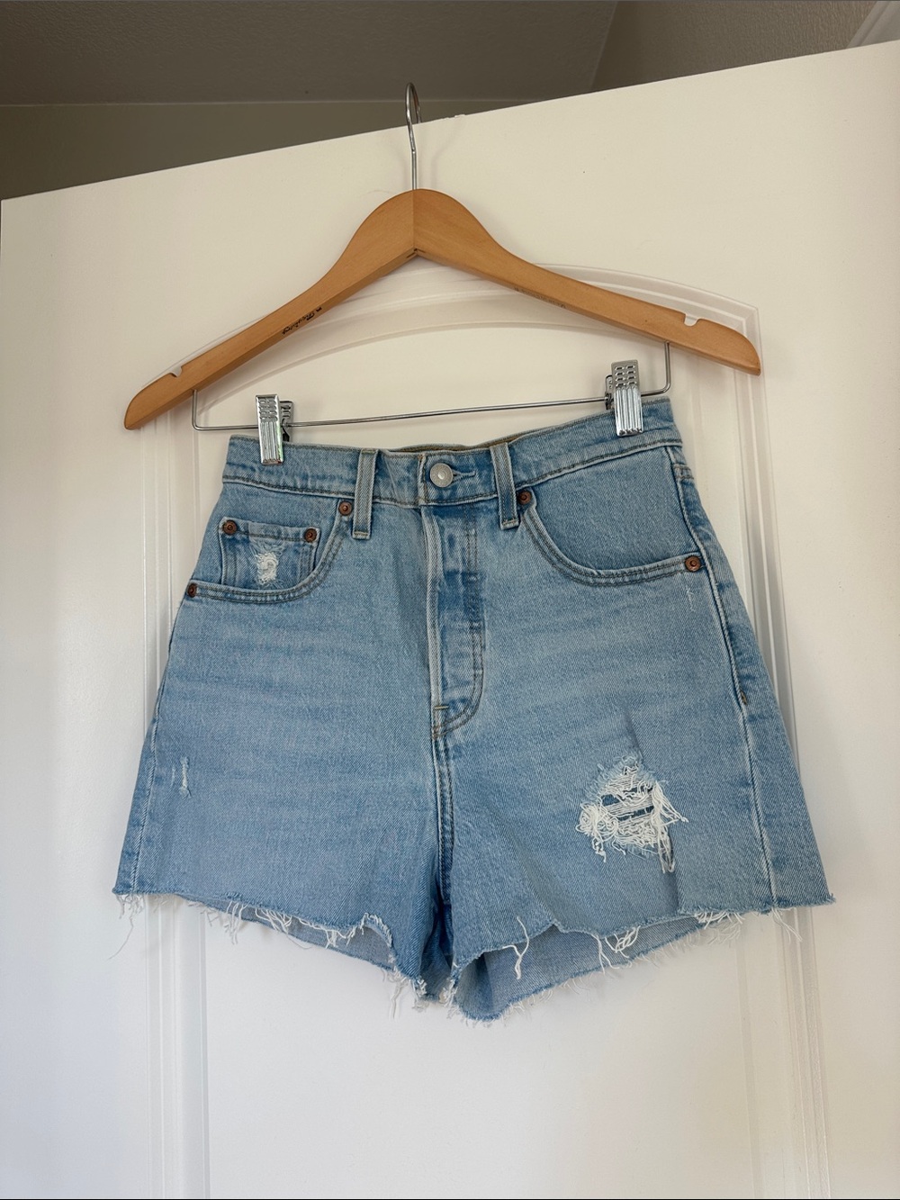 Levi's Ribcage Light Blue Distressed High-Waist Denim Shorts
